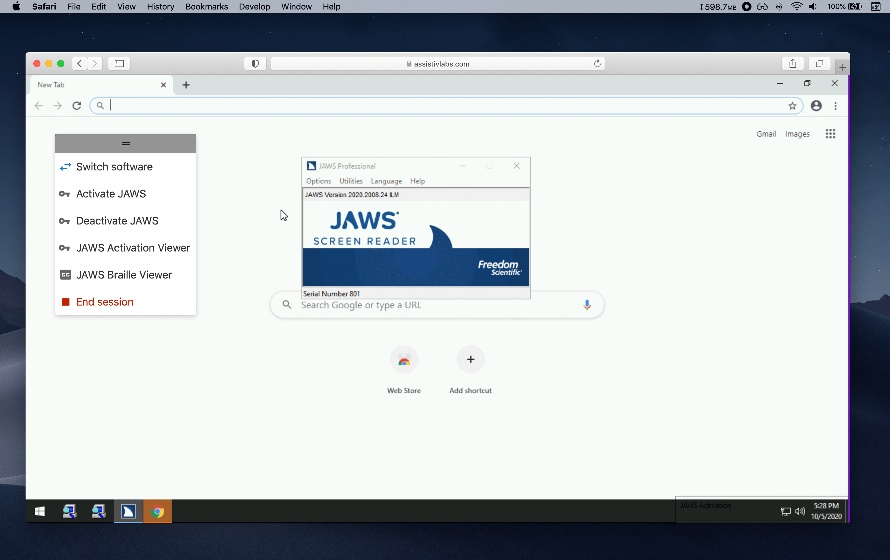 Screenshot of testing JAWS on a Mac using an assistivlabs.com session.